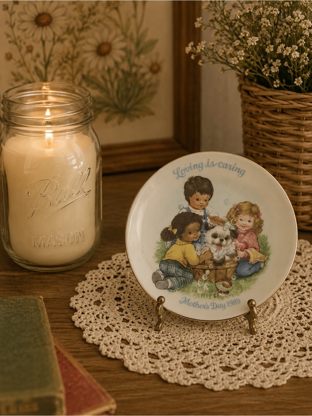 Vintage 1989 Avon Mothers Day Plate Loving Is Caring Children Puppy Porcelain